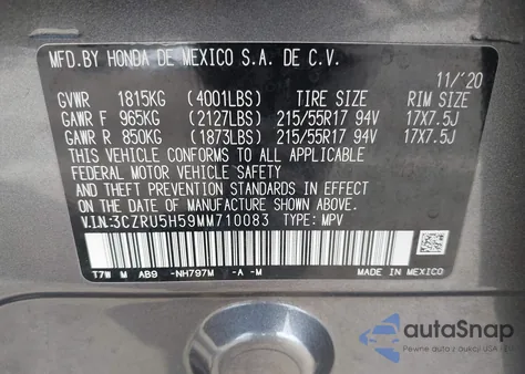 2021 Honda Hr-V 2Wd Ex z USA, uszkodzony, nr VIN 3CZRU5H59MM710083